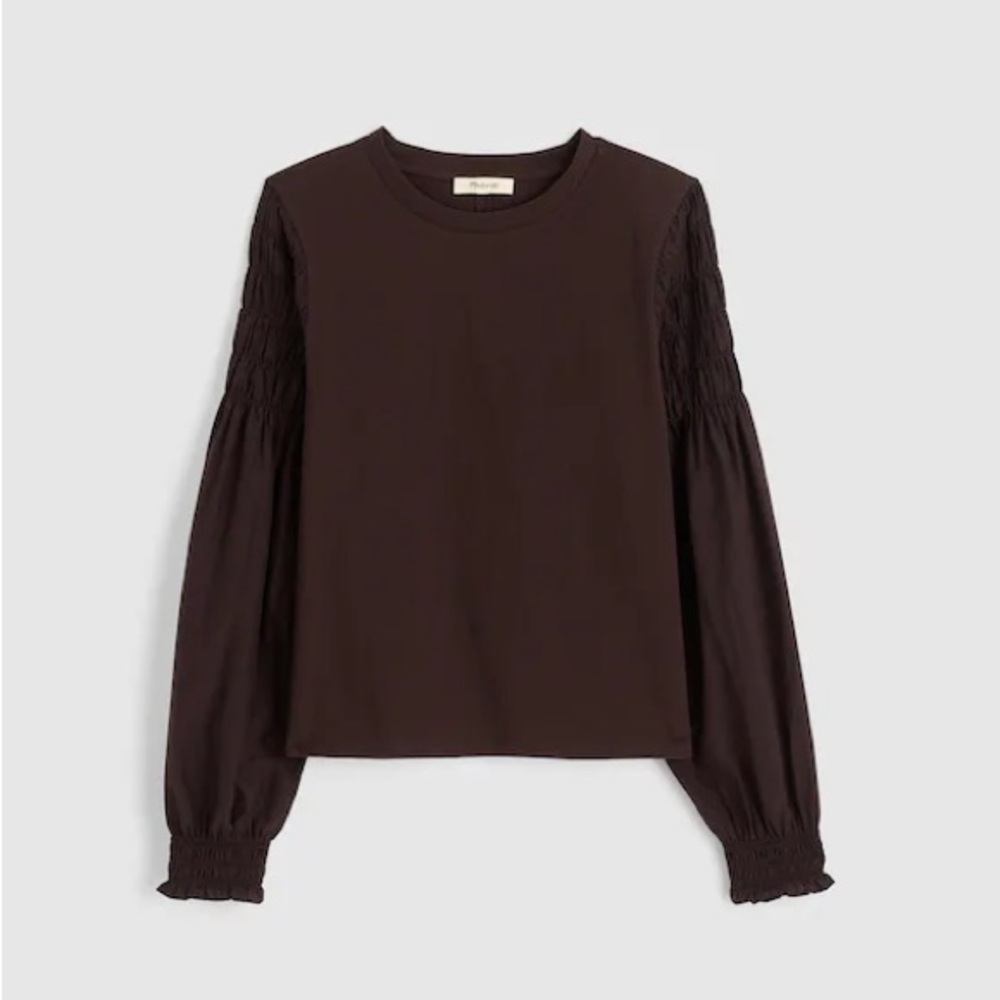 Madewell Smocked Long Sleeve Tee - black walnut - size XXS